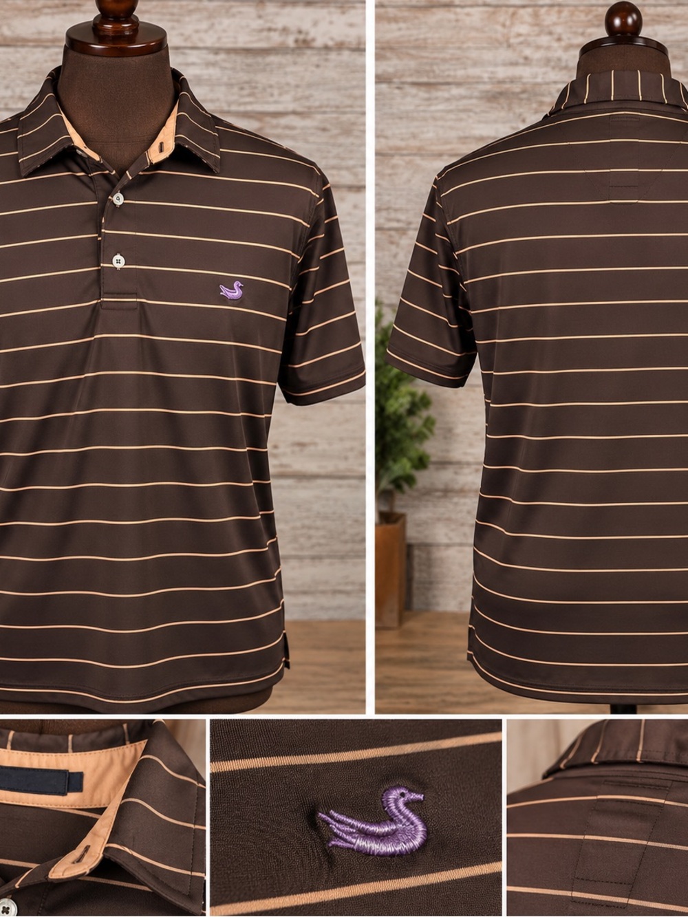 16547. Men's Dark Brown Striped Southern March Shirt with Pale Pink Accents.